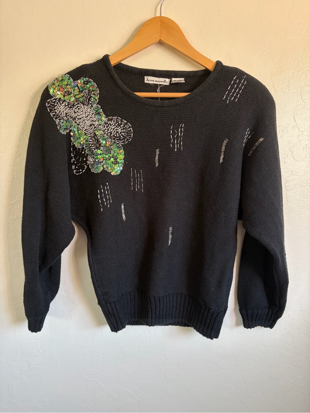 Vintage 80’s Jason Maxwell Black Crewneck Sweater withSequin Floral Appliqué - S
